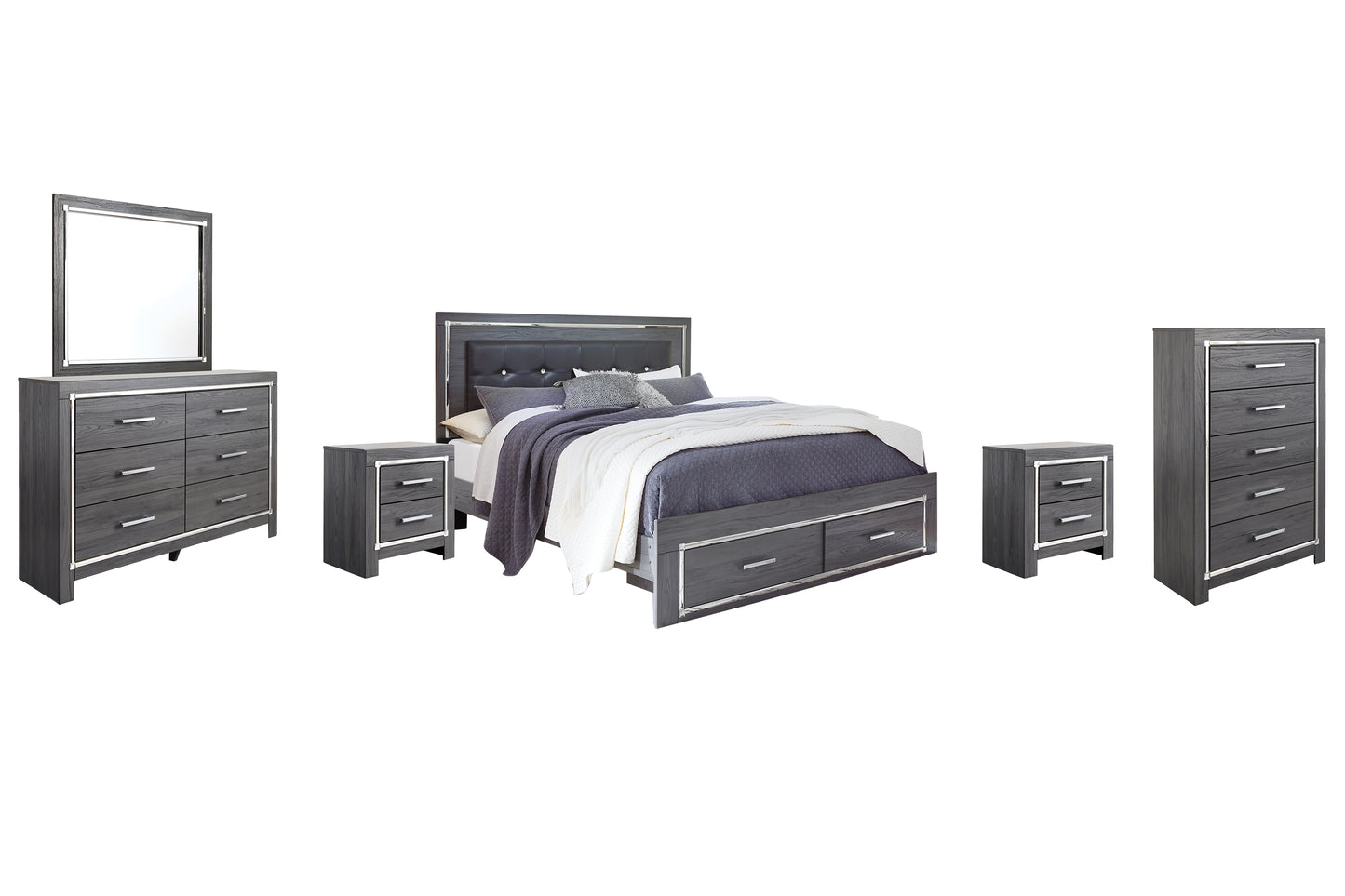 Lodanna King Panel Bed with 2 Storage Drawers with Mirrored Dresser, Chest and 2 Nightstands