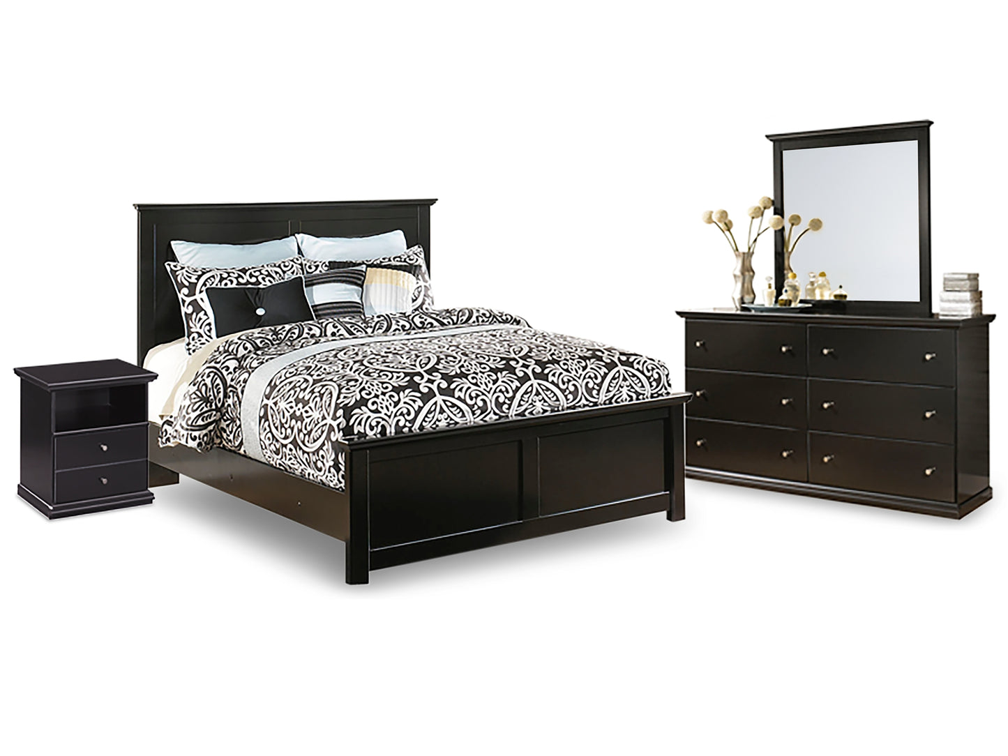 Maribel Queen Panel Bed with Mirrored Dresser and Nightstand