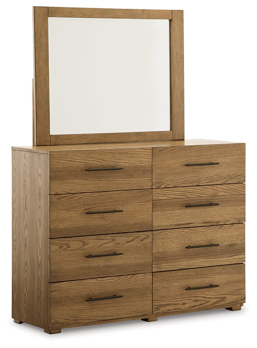 Dakmore King Upholstered Bed with Mirrored Dresser, Chest and Nightstand